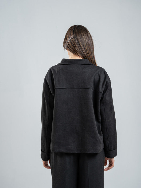 Suede Solid Button Jacket – Black