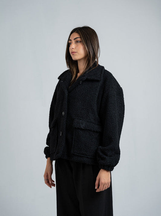 Teddy Fur Button Jacket – Black
