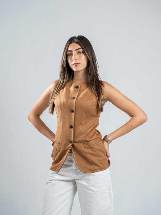 Suede Solid Button Vest – Beige