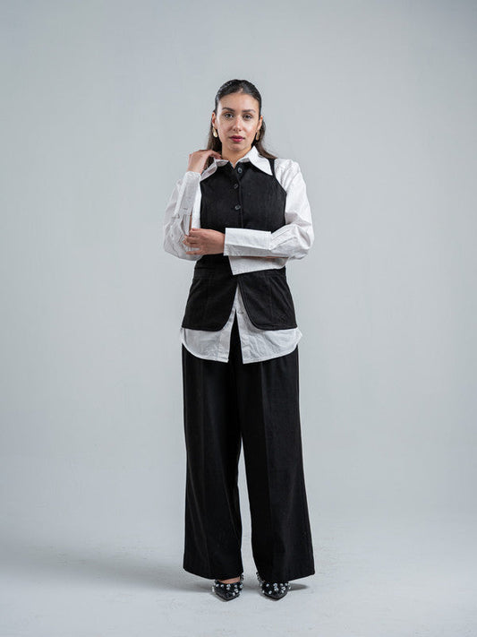 Suede Solid Button Vest – Black