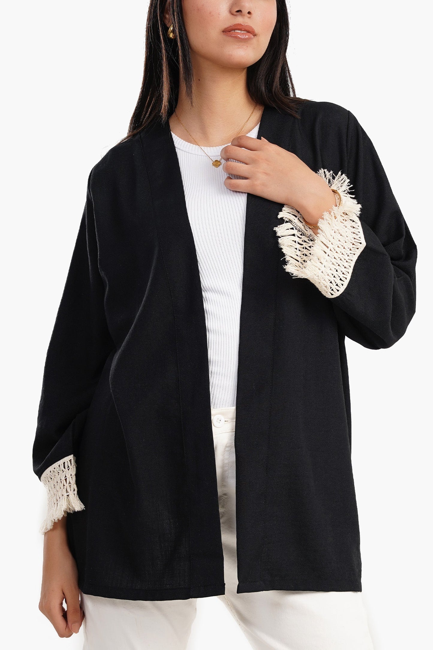 Cardigan with Fringe Cuffs - Black