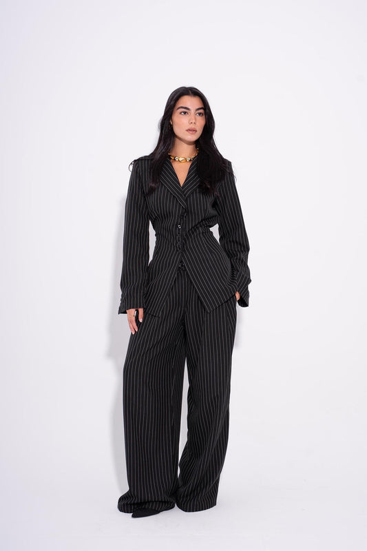 Gabardine Pinstriped Tailored Boss Suit – Black