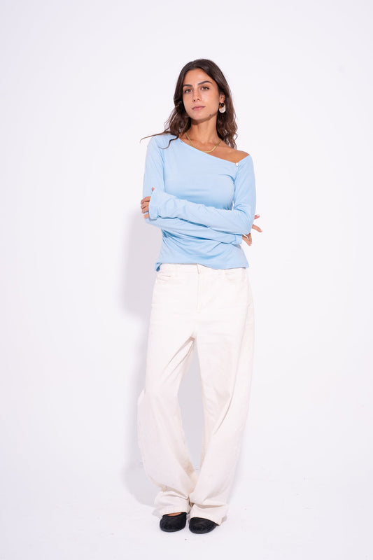 Cotton Asymmetric Shoulder Top – Baby Blue