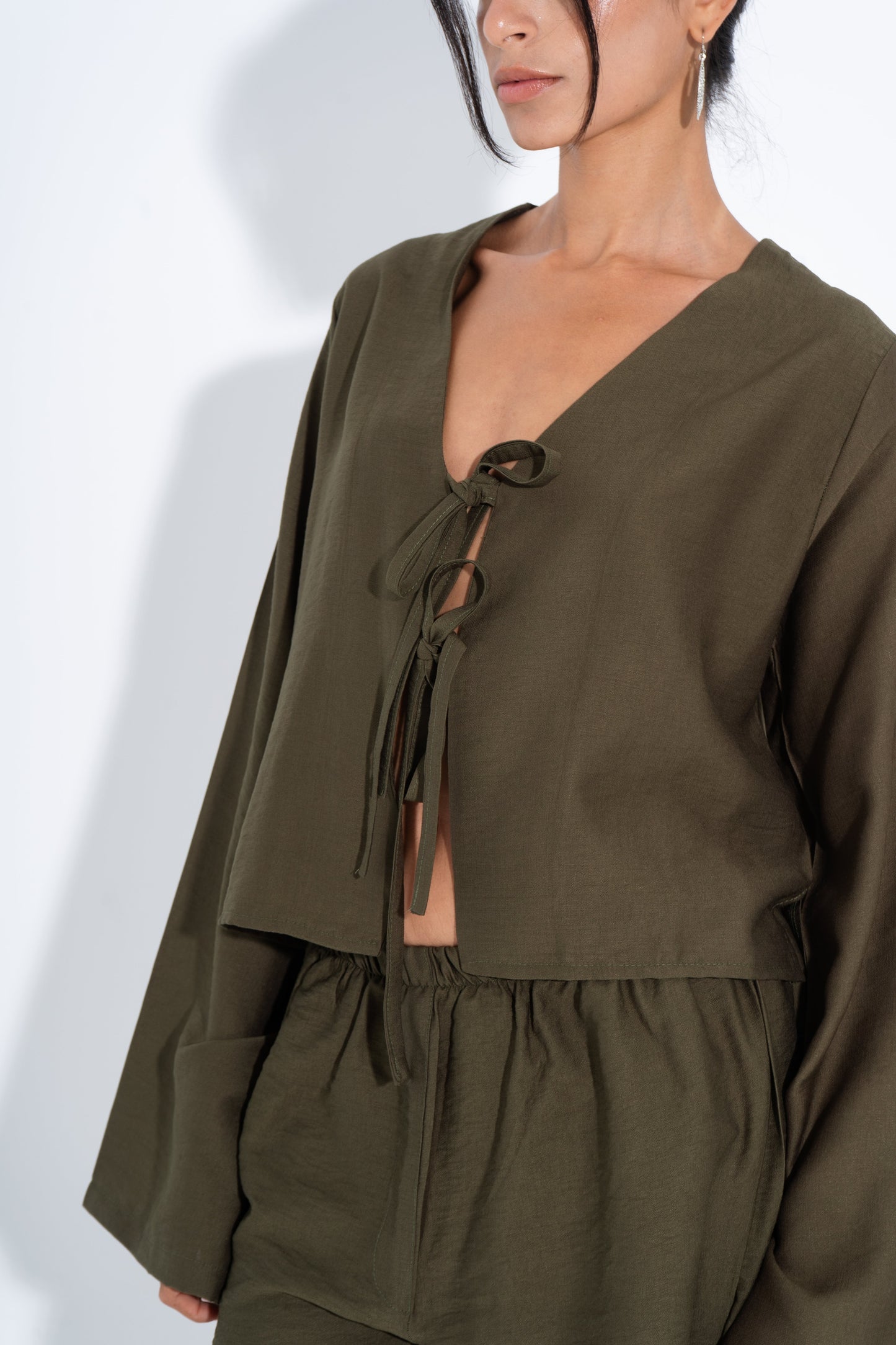 Linen Solid Two-Piece Set – Olive Green