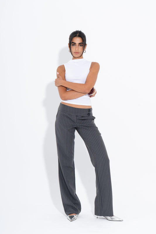 Light Gabardine Pinstripe Wide-Leg Pants – Grey