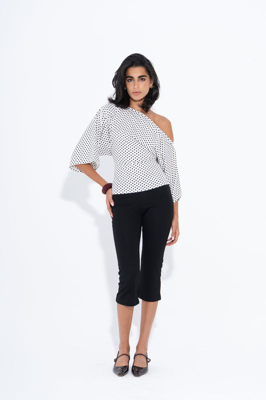 Crepe Polka Dot One-Shoulder Blouse – White
