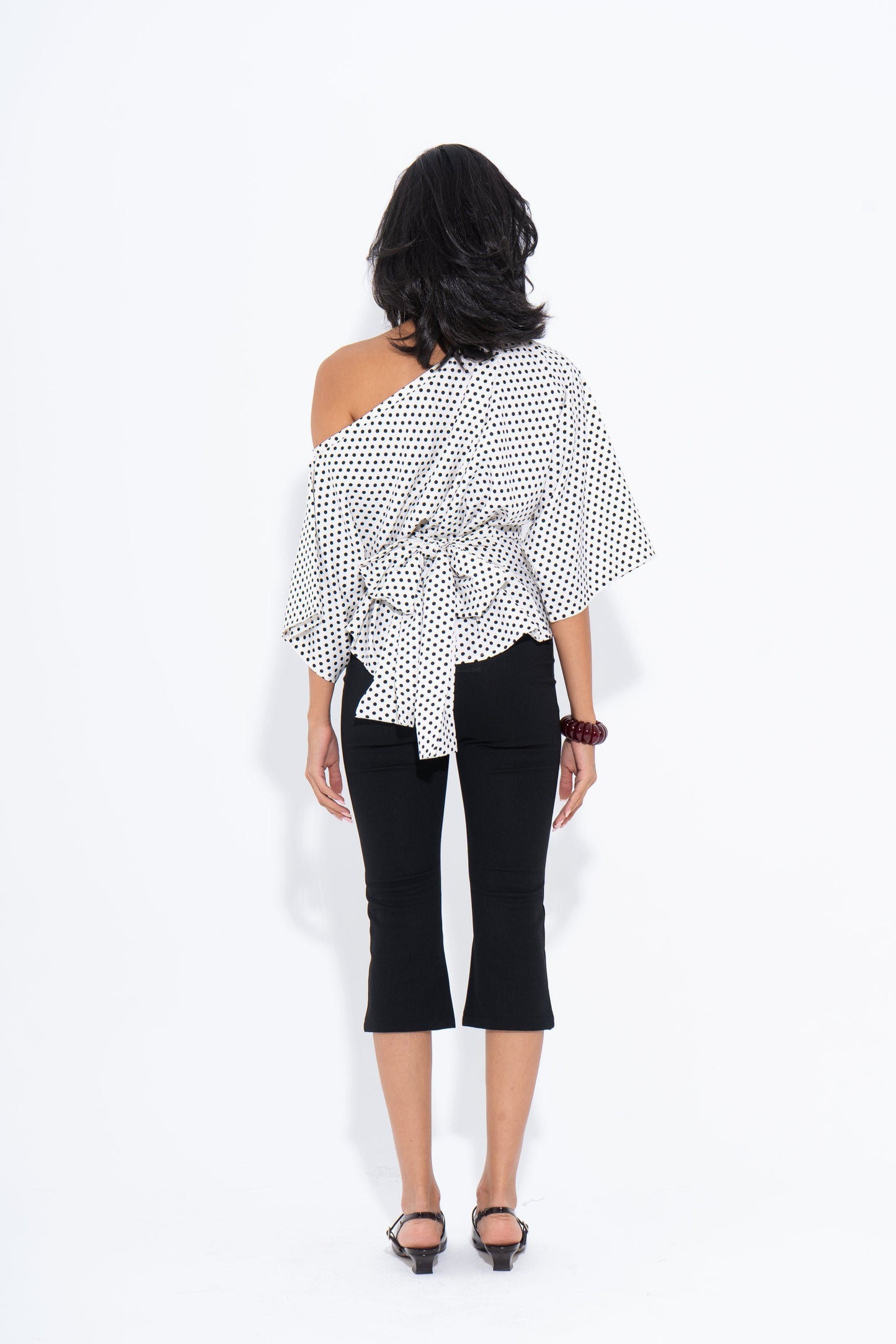 Crepe Polka Dot One-Shoulder Blouse – White