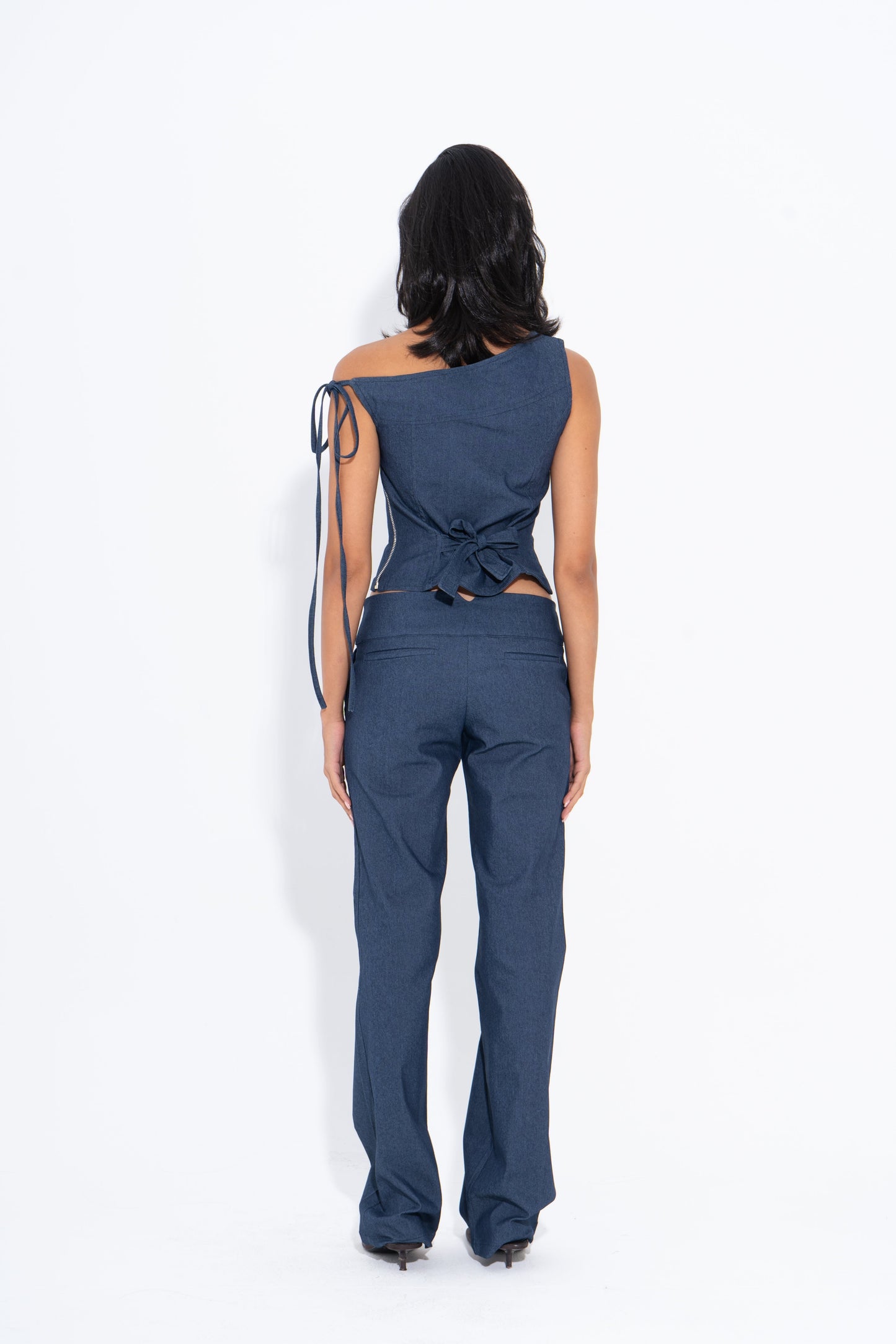 Denim Solid One-Shoulder Corset – Blue