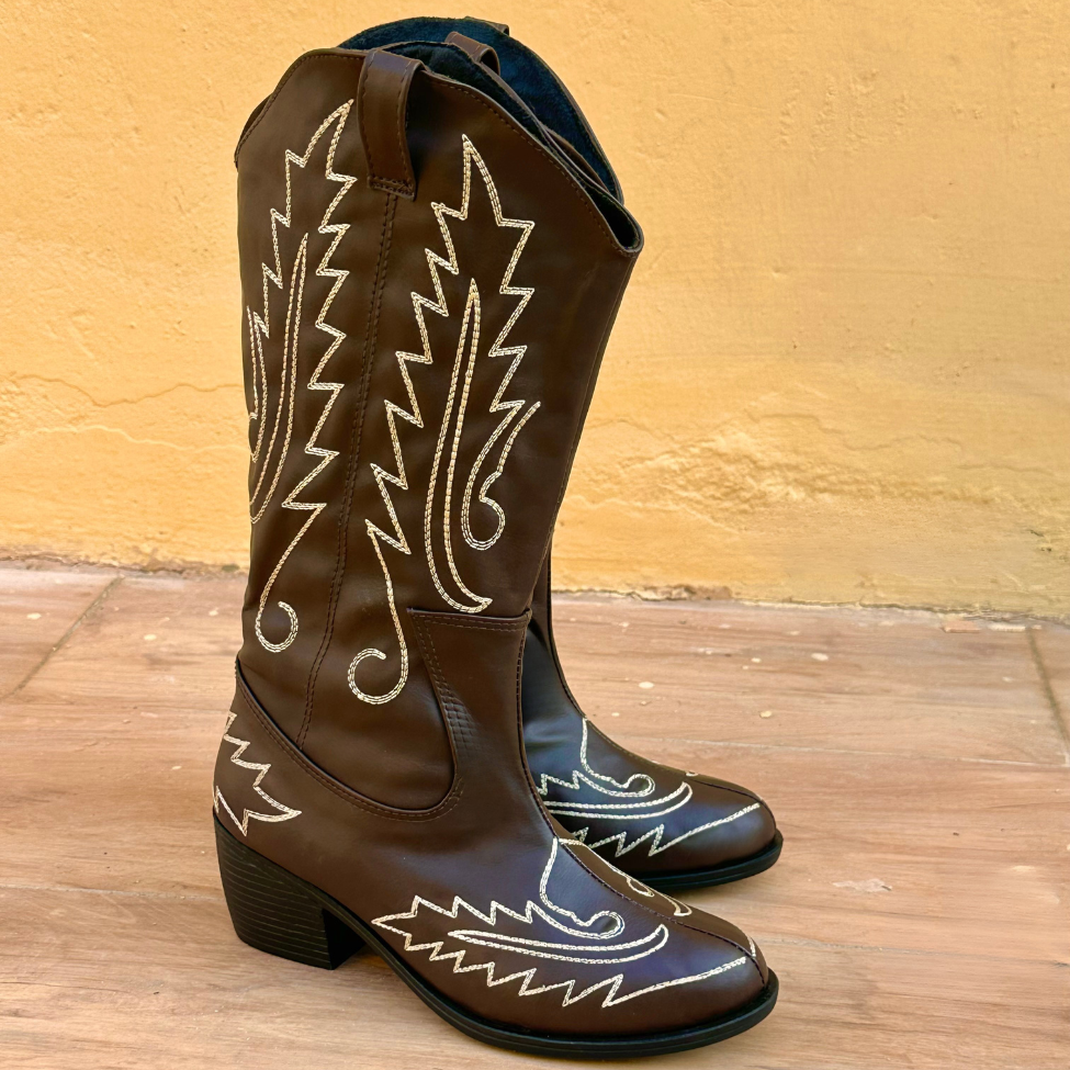 Leather Cowboy Knee-High Boots - Brown