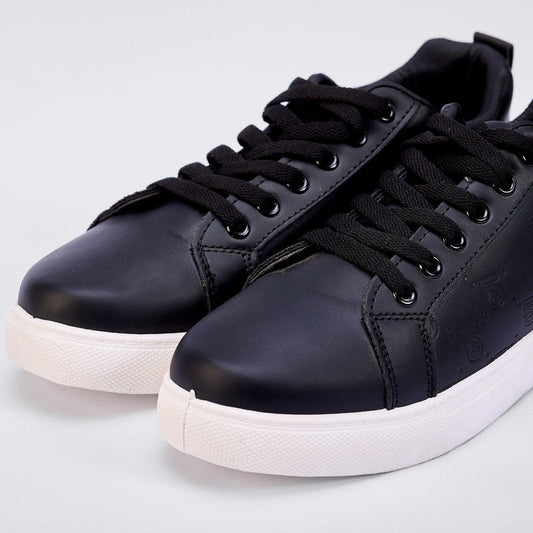 PU Leather Embossed Lace-Up Sneakers – Black