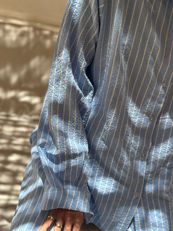 Crinkle Linen Striped Set - Light Blue