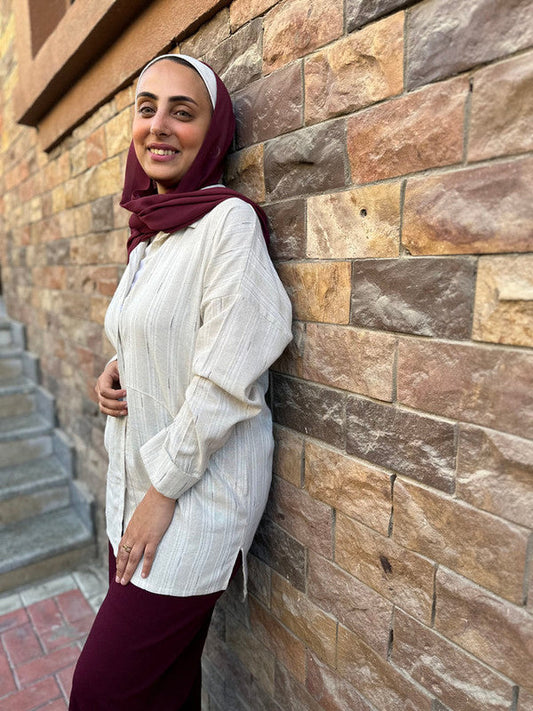 Linen Striped Embroidered Shirt – Beige