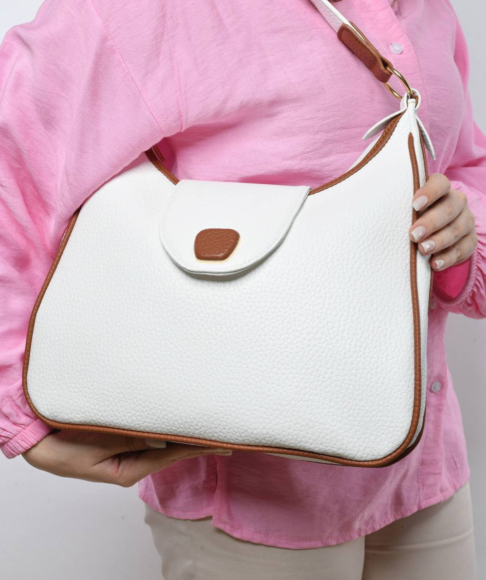 Leather Contrast Trim Shoulder Bag – White & Brown