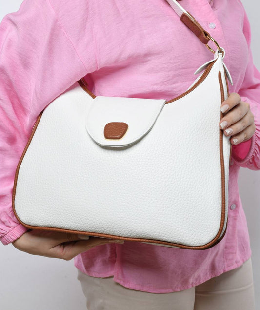 Leather Contrast Trim Shoulder Bag – White & Brown
