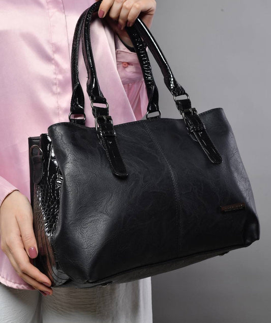 Leather Textured Glossy Accent Handbag – Black