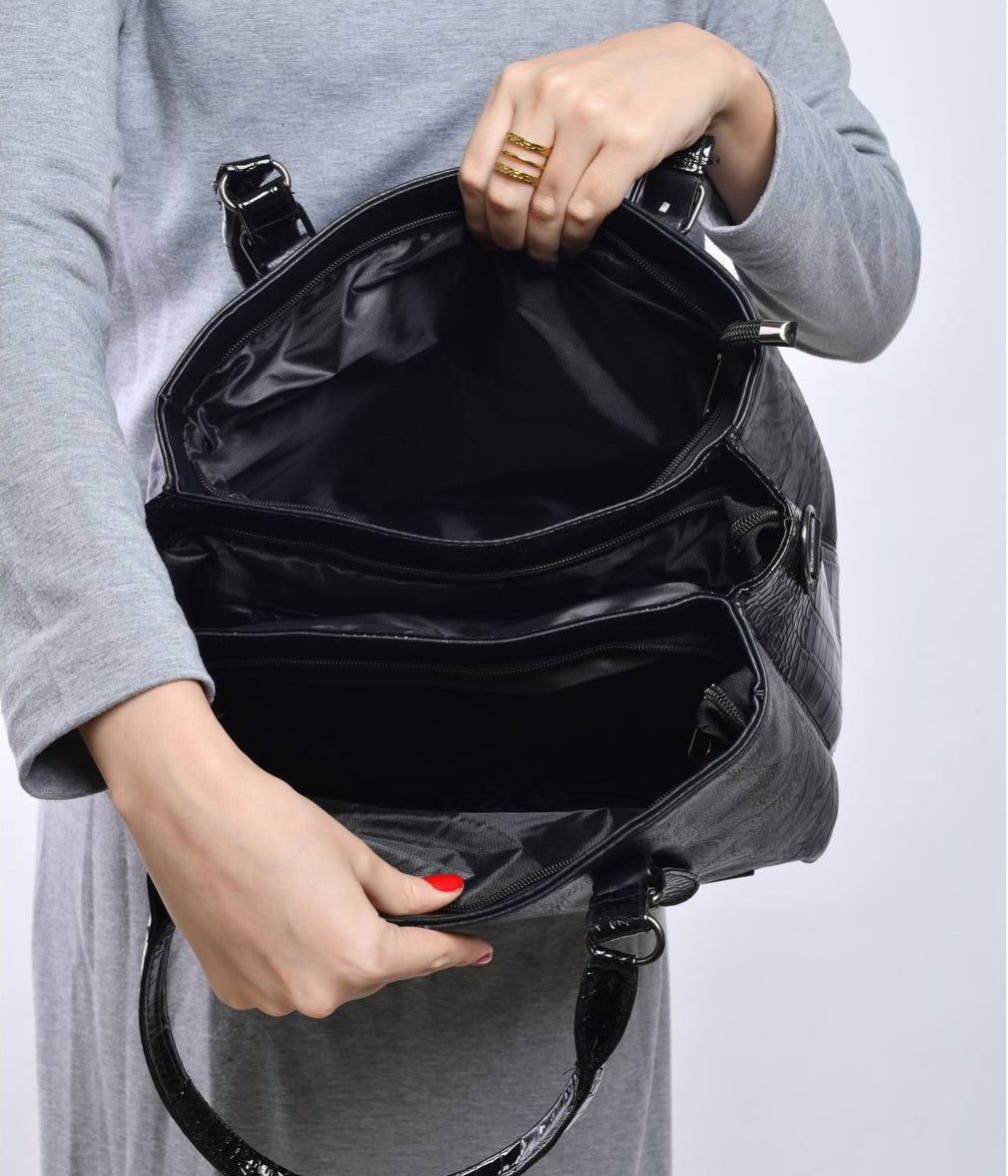 Leather Textured Glossy Accent Handbag – Black