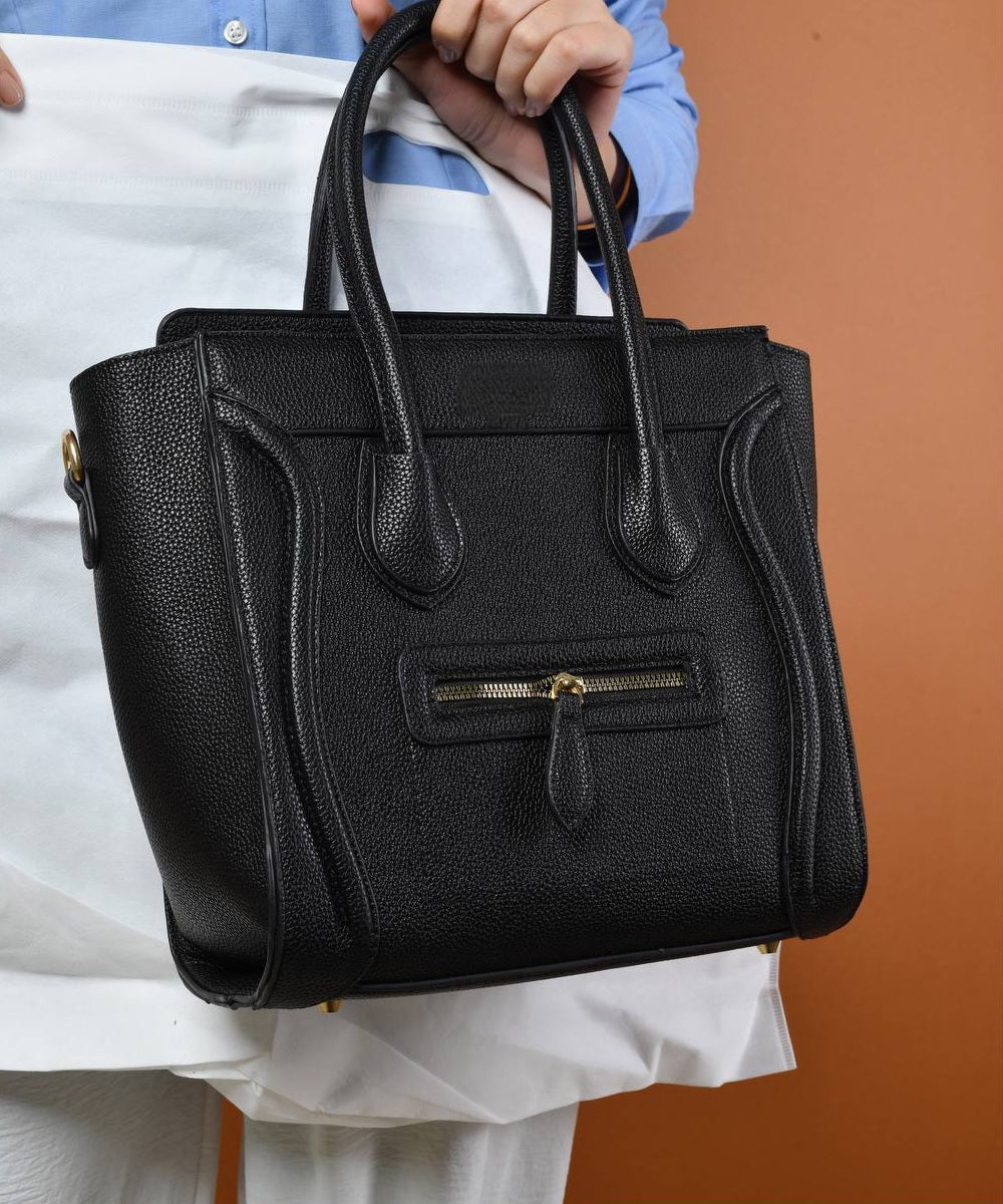 Leather Solid Structured Trapezoid Handbag – Black