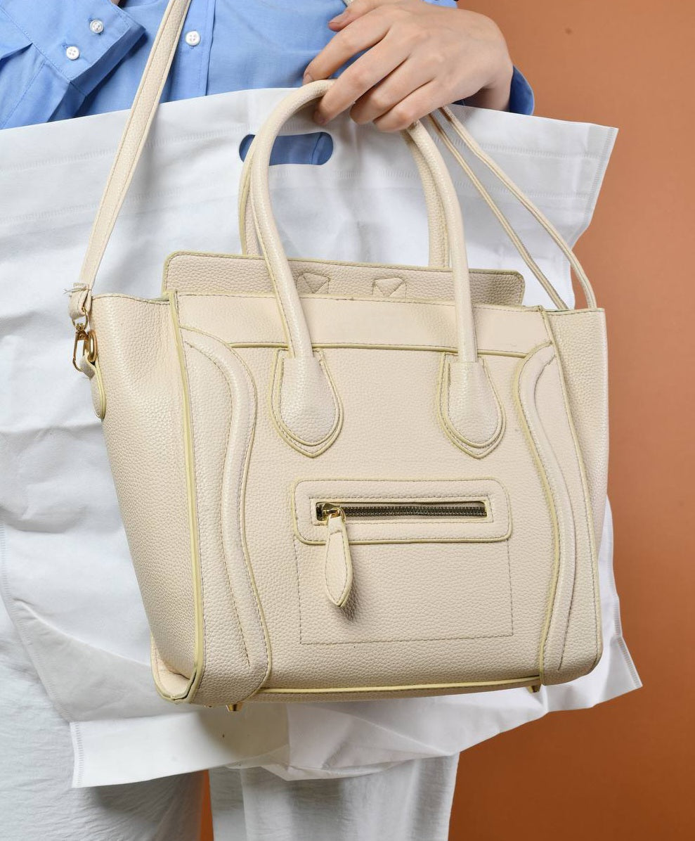 Leather Solid Structured Trapezoid Handbag – Beige