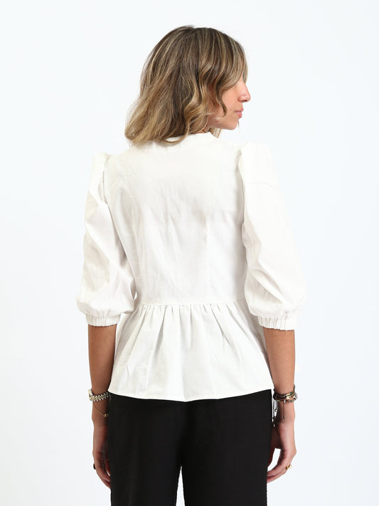 Poplin Front-Tie Peplum Blouse - White