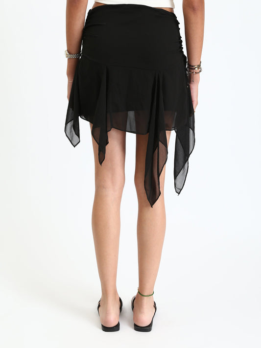 Chiffon Slip On Asymmetric Mini Skirt - Black