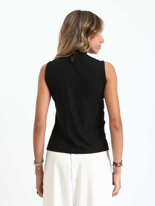 Cotton Mock Neck with Twist Knot Top - Black