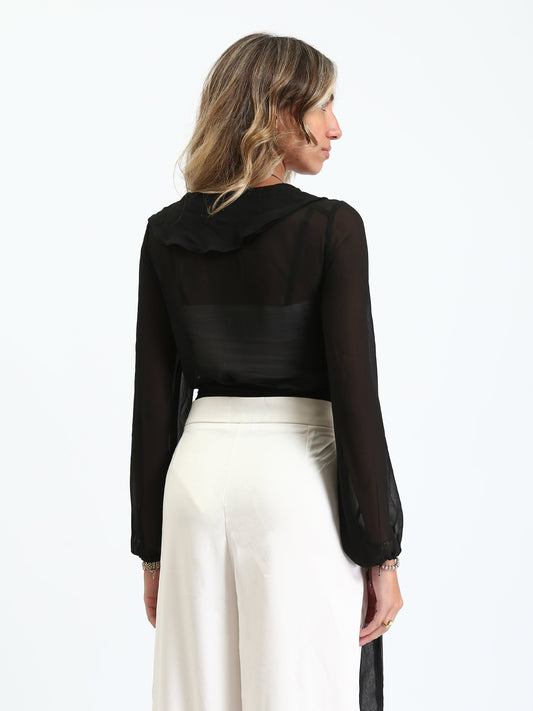 Chiffon Ruffled Wrap Blouse - Black