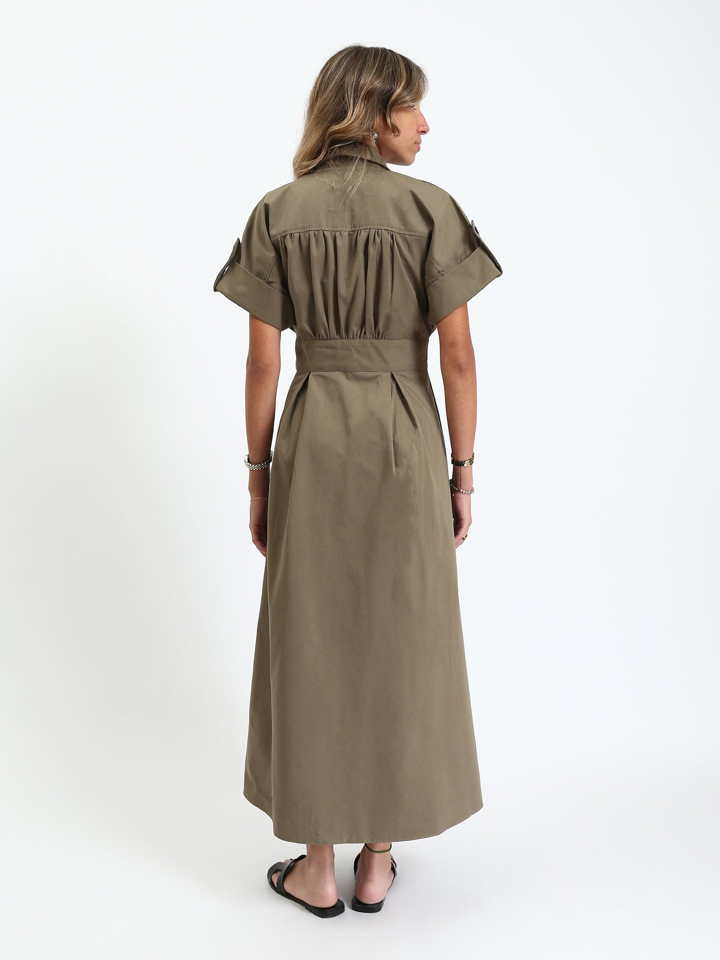 Gabardine Shirt-Style Belted Midi Dress - Olive