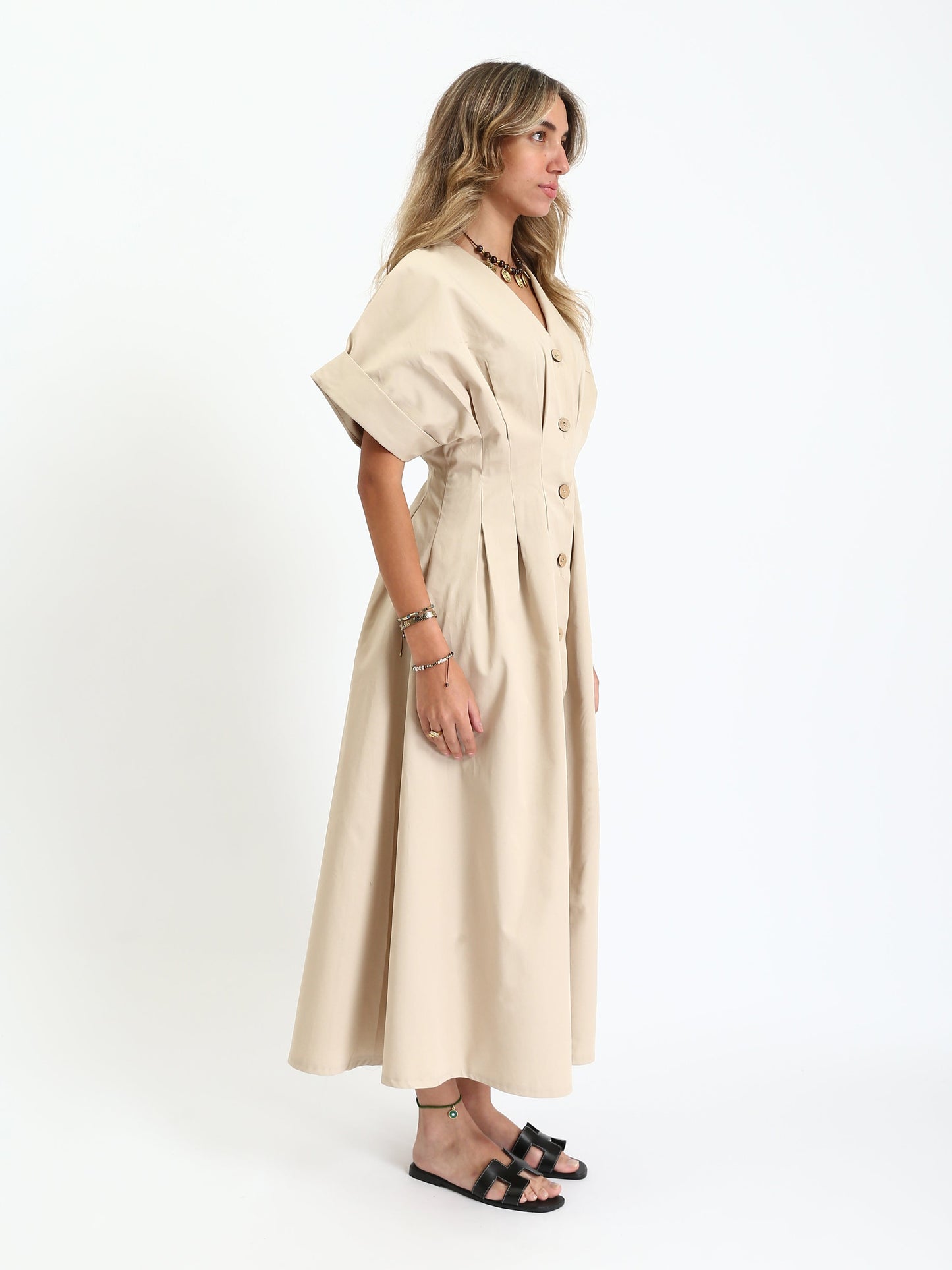Gabardine Waist-Pleated Button-Down Midi Dress - Beige