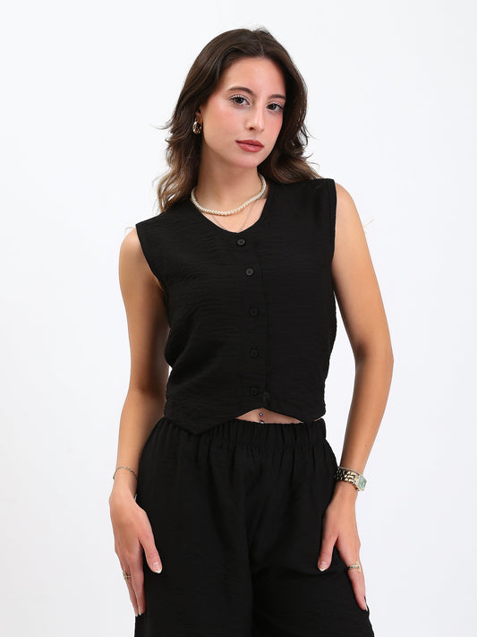 Linen Button Front Vest - Black