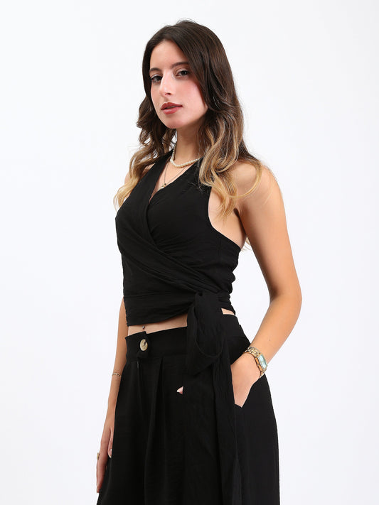 Linen Halter Wrap Top - Black