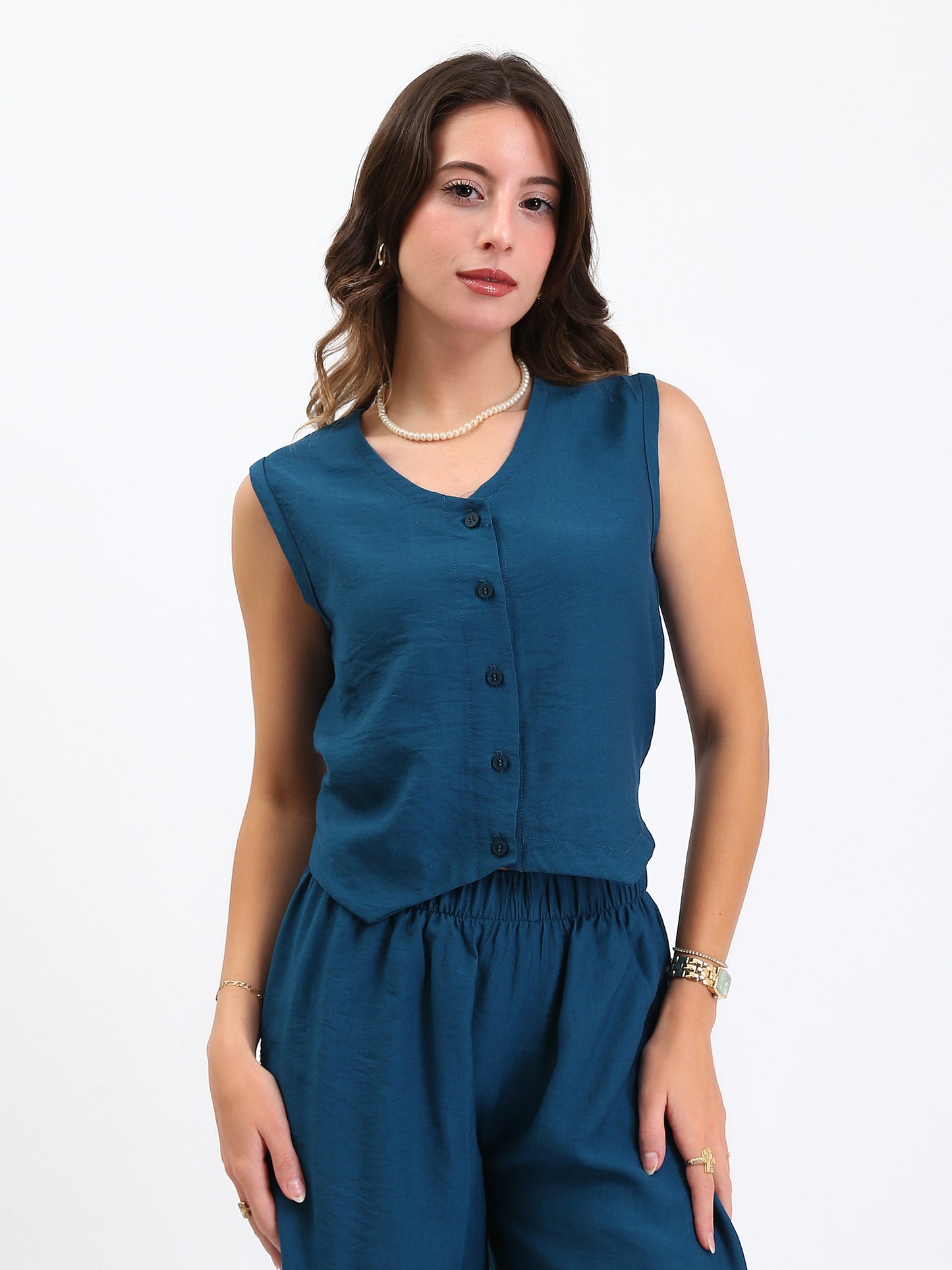 Linen Button Front Vest - French Blue