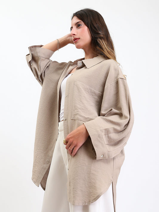 Linen Long Sleeves Relaxed Textured Shirt - Beige