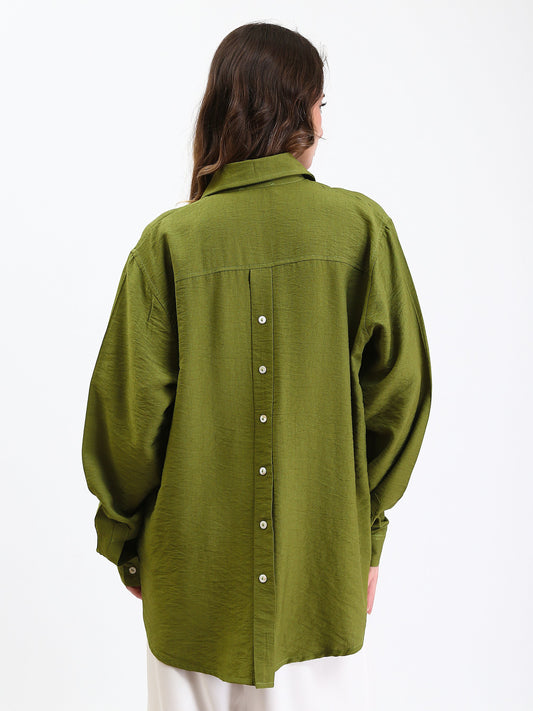 Linen Buttoned Casual Shirt with Front Pockets - Olive