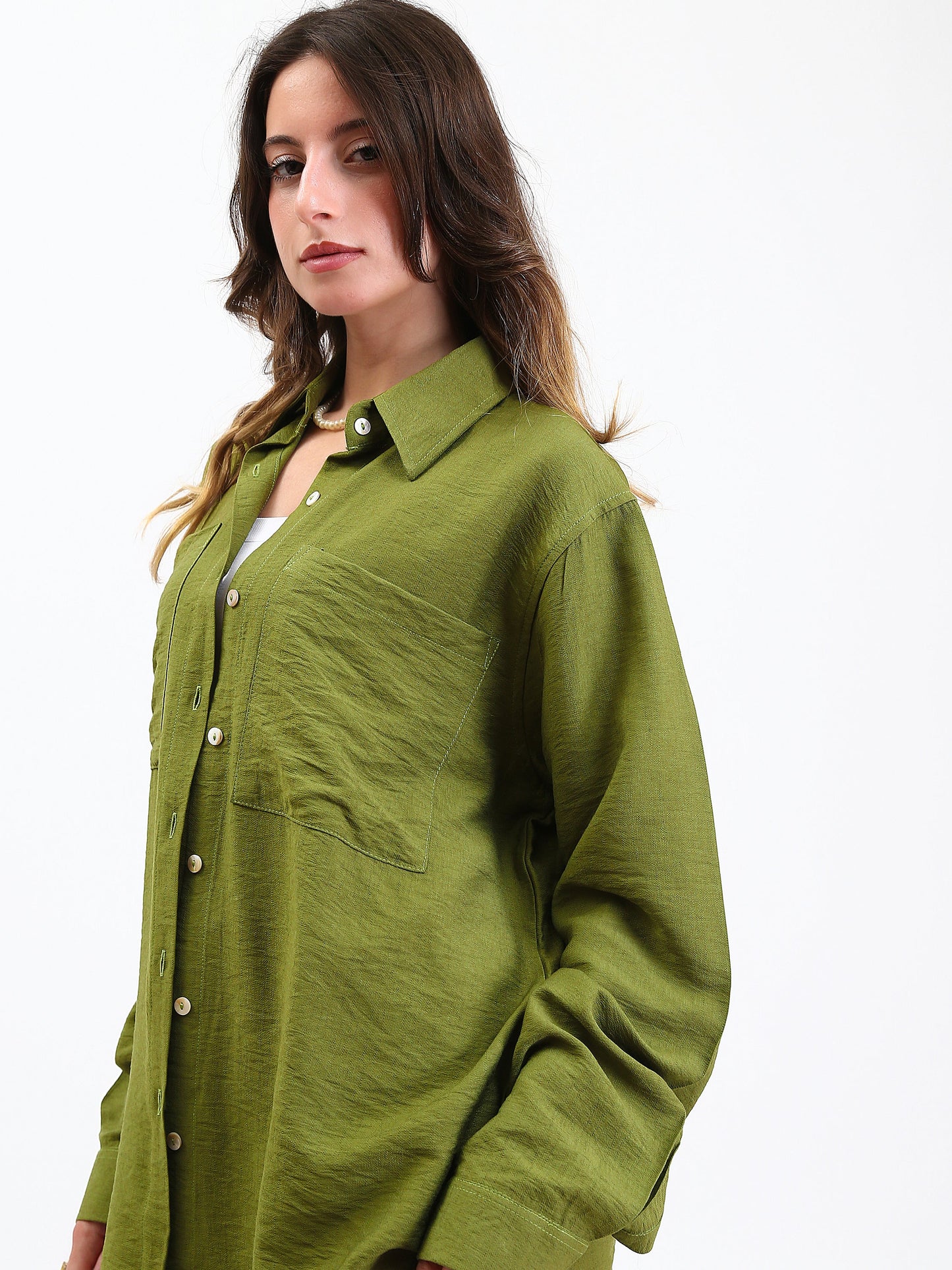 Linen Buttoned Casual Shirt with Front Pockets - Olive
