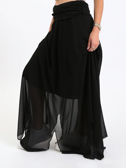 Chiffon Wide Waist Slip On Maxi Skirt - Black