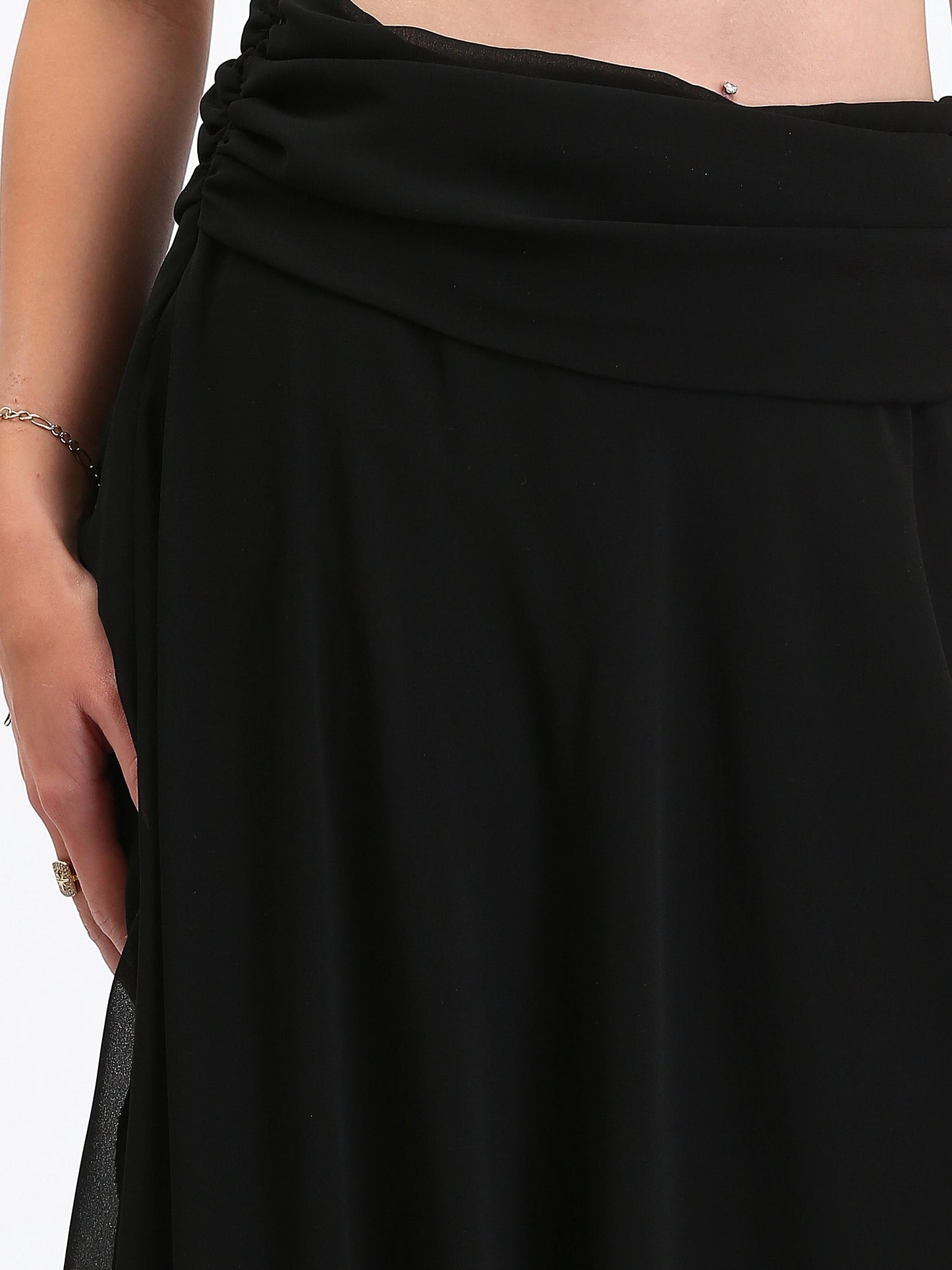 Chiffon Wide Waist Slip On Maxi Skirt - Black