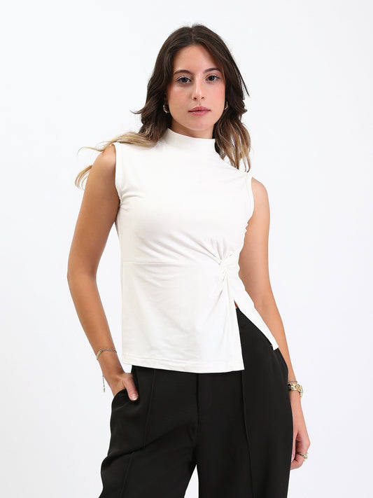 Cotton Mock Neck with Twist Knot Top - White