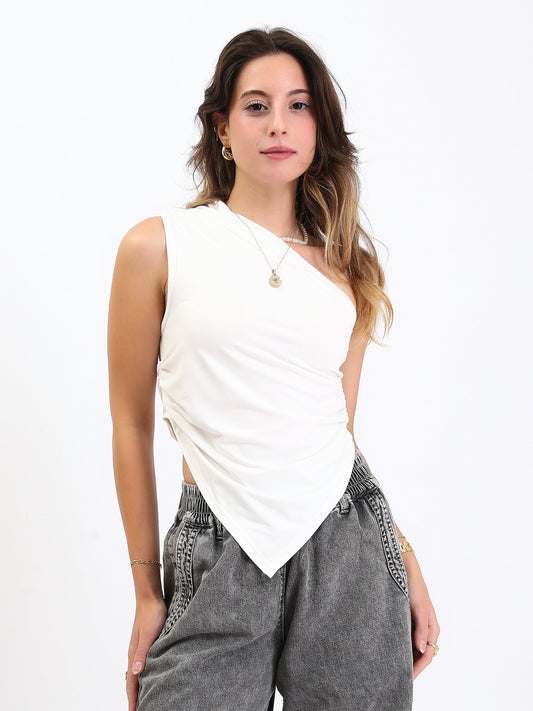 Cotton One Shoulder Asymmetric Top - White