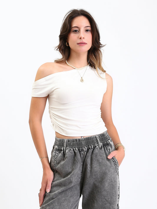 Cotton Off-Shoulder Fitted Ruched Top - White