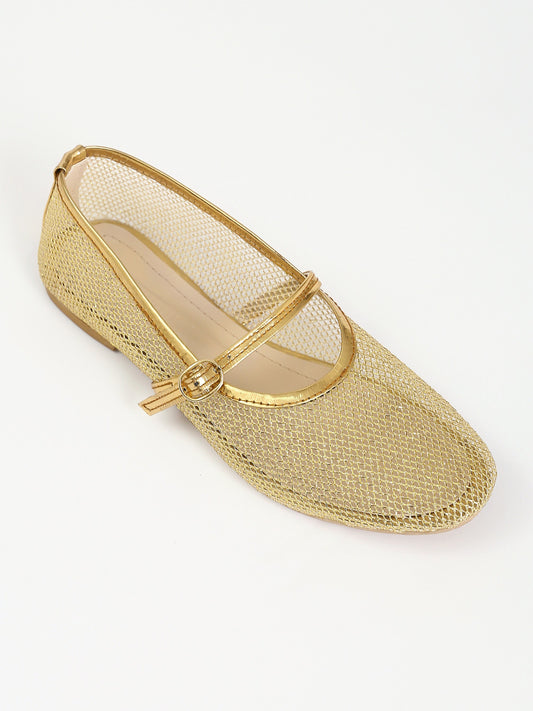 Perforated Round Toe Summer Flats - Gold