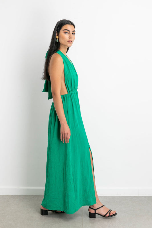 Linen Sexy Long Dress - Green