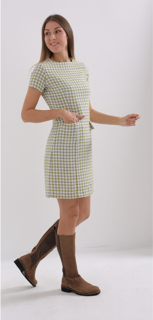 Synthetic Tweed Mini Dress – Green & White