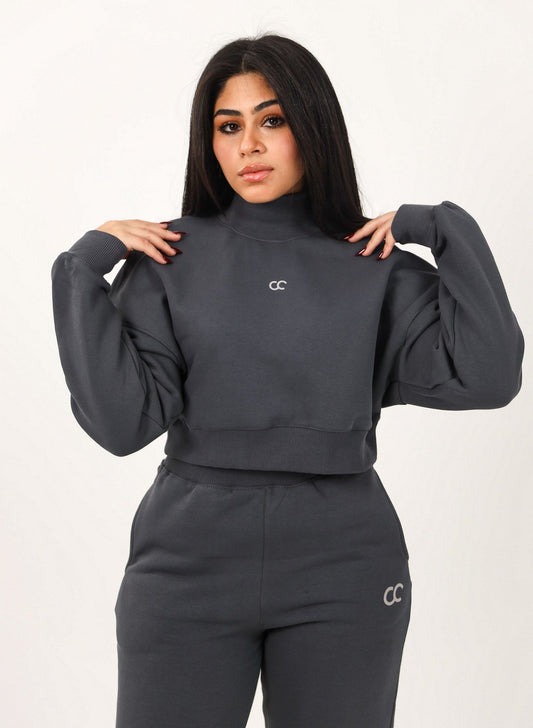 Milton High Collar Cropped Sweatshirt - Dark Grey