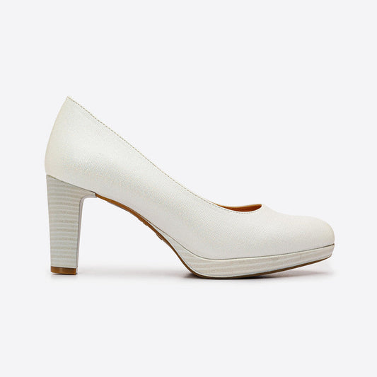 Faux Leather Plain Block Heel Pumps - White