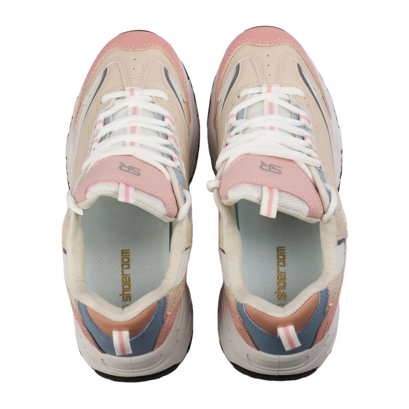 PU Leather & Mesh Colorblock Sneakers – Beige