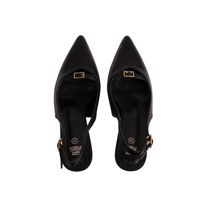PU Leather Buckle Detail Slingback Heels – Black