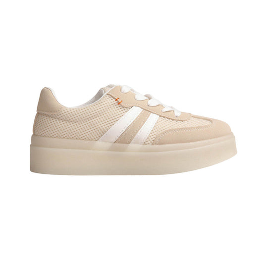 PU Leather Mesh Platform Sneakers - Beige