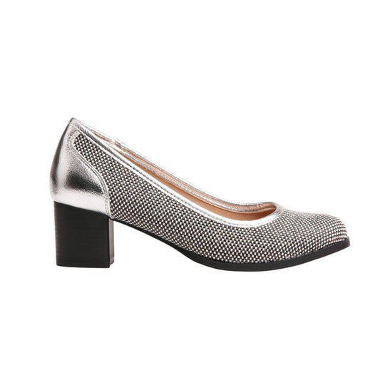 PU Leather Textured Block Heels - Silver
