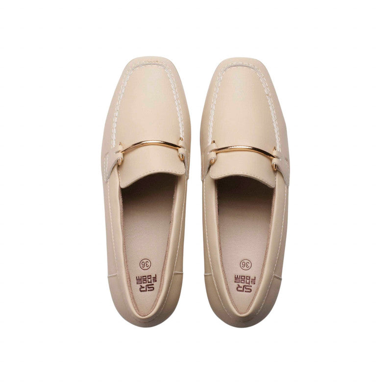 PU Leather Buckle Block Heel Loafers - Beige