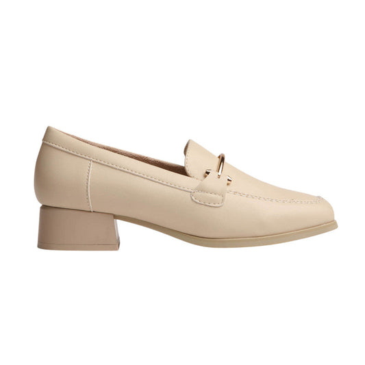 PU Leather Buckle Block Heel Loafers - Beige